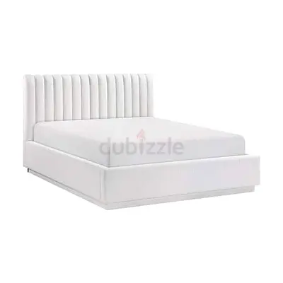Upholstered White Platform Bed with Padded Headboard - Queen/Double