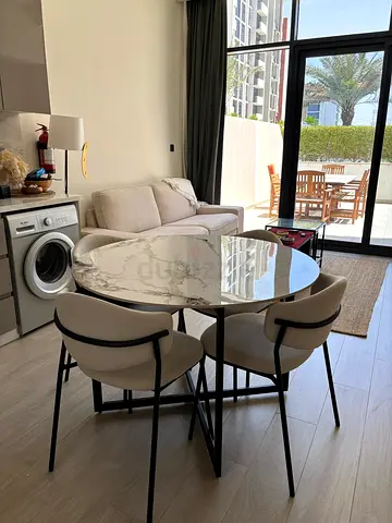 Round Porcelain-Top Dining Table with 4 Upholstered Chairs - Compact Modern Set
