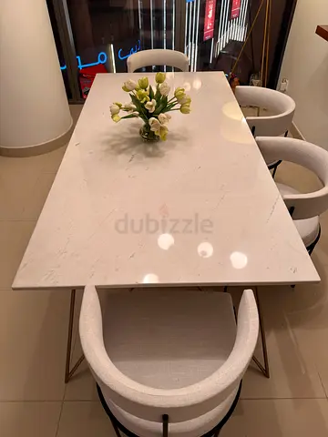 Custom No9 bespoke luxury White Marble Dining Table with 6 Upholstered Chairs - Excellent Condition