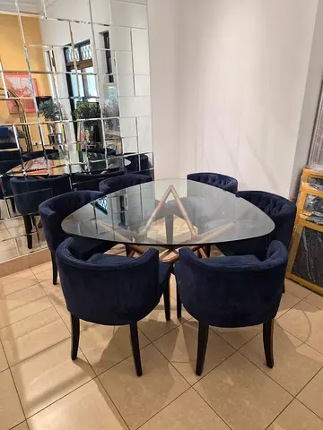 Sean Dix designer glass top Dining Table with 6 Navy Eichholtz designer Velvet Chairs - Modern Set