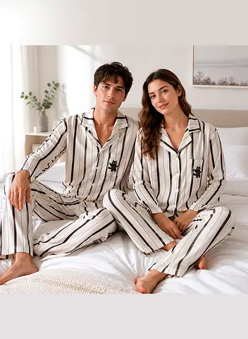 Matching Striped Couple Pajama Set - Lightweight Long Sleeve