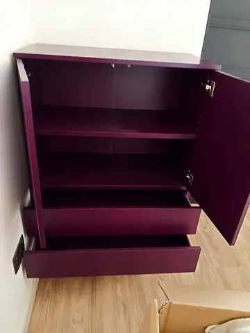 Compact purple storage cabinet with drawers and shelves