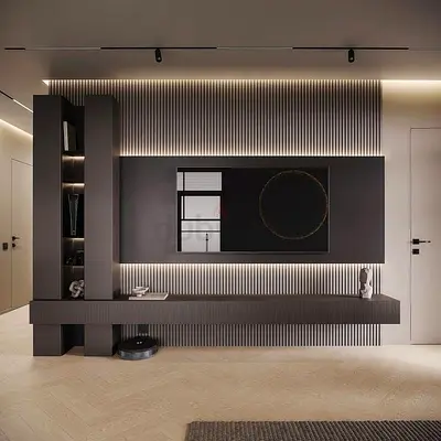 Modern floating TV entertainment wall unit with shelving
