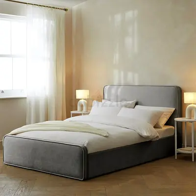 Grey Upholstered Platform Bed with Headboard - Comfortable Modern Design