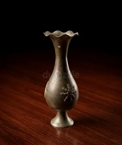 Vintage Hand-Etched Brass Vase – Inlaid Stone Detail (23cm)