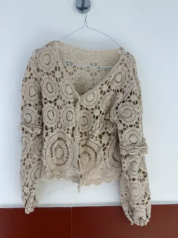 Medium size Beige Crochet Lace Womens Jacket - Light Layer