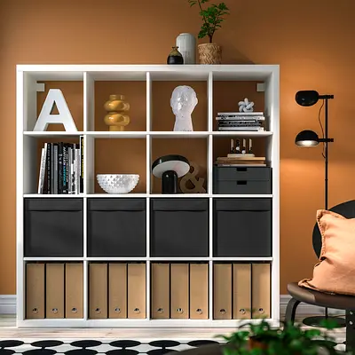 White 12-Cube Storage Shelf Unit with Fabric Bins - Good Condition