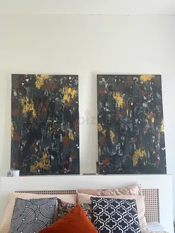 Pair of Abstract Black/Dark Blue  Gold Wall Paintings - Set of 2
