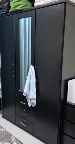 Black 3-Door Wardrobe with Mirror and Drawers - Good Condition