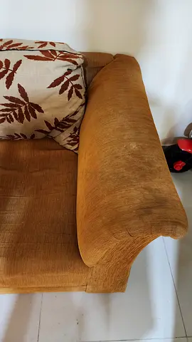 Single-seater upholstered armchair in brown (used) and sofa -3 seater light brown (used)