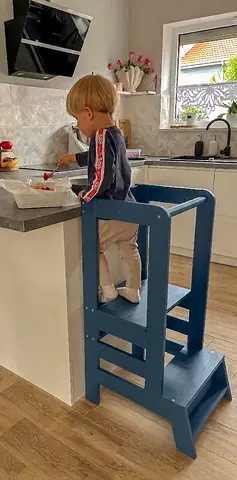 Wooden Learning Tower / Kitchen Helper - Blue, Safe Step Stool Montessori with Chalkboard