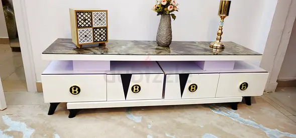 Modern Low TV Entertainment Unit with Storage - White  Marble Top