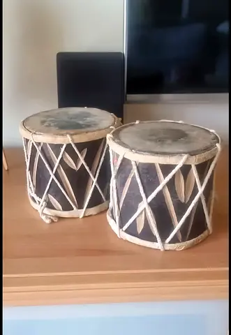 Pair of small traditional hand drums (Dholak-style) - used