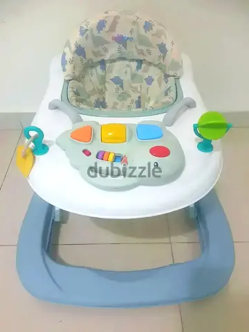 Baby walker with activity tray and cushioned seat - light blue