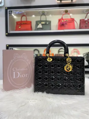 Christian Dior Black Cannage Large Lady Dior Bag in Patent Leather (Authentic/PreOwned)