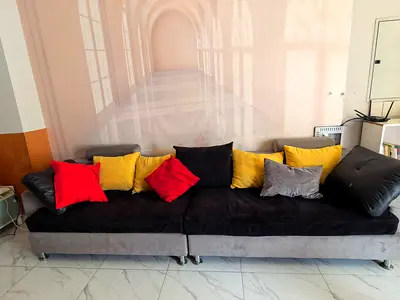 Moving Urgent Sale:Large Black  Grey Two-Seat Sofa with Cushions and All Pillows as Shown