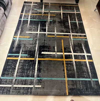 Modern Geometric Area Rug - Dark Grey with Accent Stripes