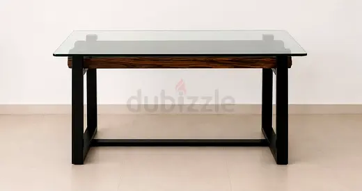 Glass Top Dining/Work Glass Table with Wooden Frame and Metal Legs