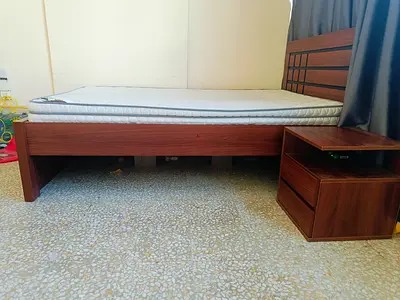 Double cot bed, mattress, side table