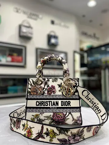 Christian Dior Floral Embroidered Canvas Medium Lady D-Lite Tote Bag (Authentic/New)