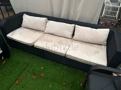 3-Seater Outdoor Rattan Sofa with Cushions (Used) and two recliner chairs