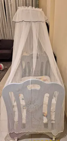 Baby Wooden Cradle/Bassinet with Canopy - White wooden baby bed with mattress and mosquito bed net