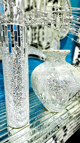Pair of Decorative Mirrored Mosaic Vases — Silver Accent Pieces