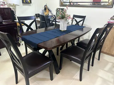 Solid Wood 6-Seater Dining Table with Cushioned Chairs - Dark Finish
