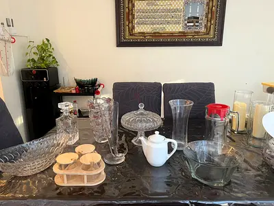 Mixed glassware and tableware set — bowls, vases, decanters, teapot (used)