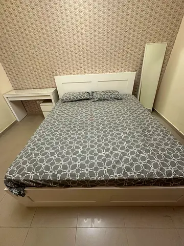 Ikea White wooden double bed frame and bedside table, dressing table ,  mirror