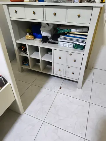 White Wooden Storage Cabinet with Drawers and Cubby Shelves