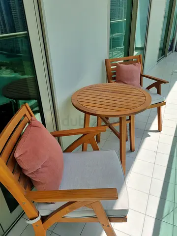 Wooden Balcony Bistro Set - Round Table + 2 Chairs with Cushions - originally bought for 1500
