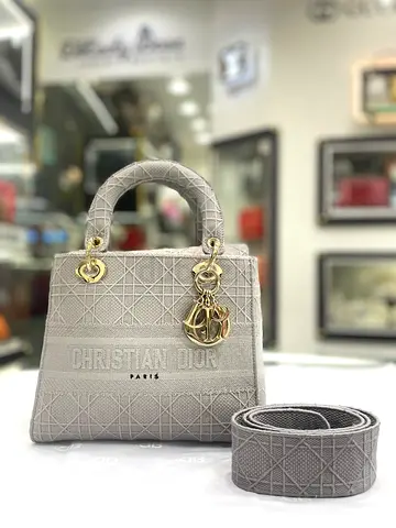 Christian Dior Grey Embroidered Canvas Lady D-Lite Tote Bag (Authentic/New)