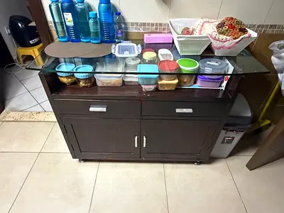 Dark Wood Kitchen Sideboard with Glass Top - 2 Doors, 2 Drawers
