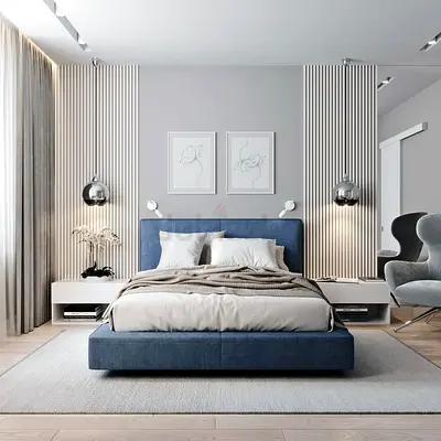 Modern Upholstered Platform Bed  - Gray Blue