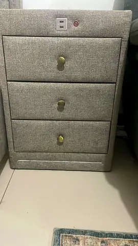 2x Fabric 3-Drawer Bedside Table with Brass Knobs and USB Outlet, light and wireless charging