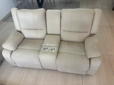 Beige 2-Seater Recliner Sofa with Center Console and Cup Holders