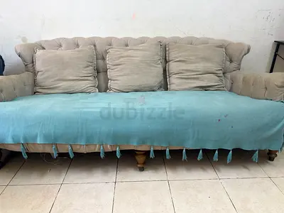 Beige Tufted 3-Seater Sofa with Cushions