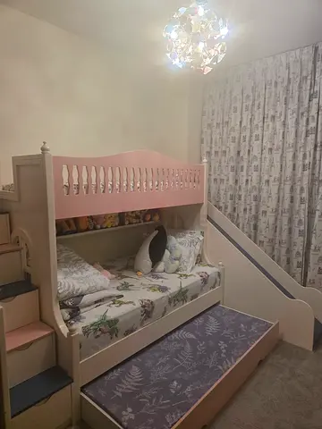 Wooden Baby Crib with Pull-out Drawer and Bedding - Light Pink/Beige