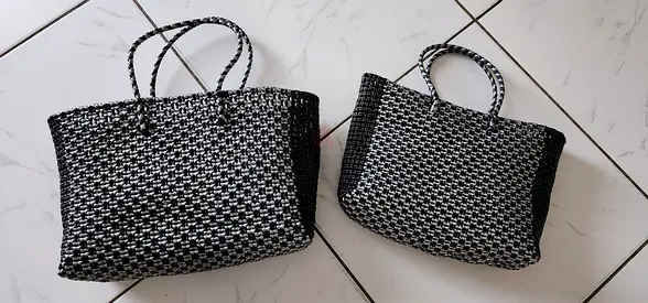 Set of 2 Handwoven Black  White Tote Bags - Large and Small