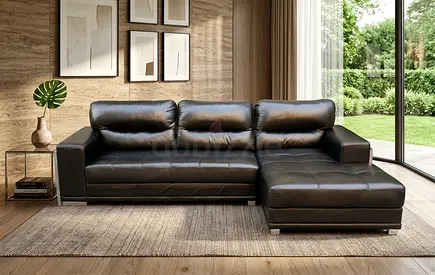 3-Seater Black Leather Corner Sofa with Chaise (Right-Hand) - Good Condition