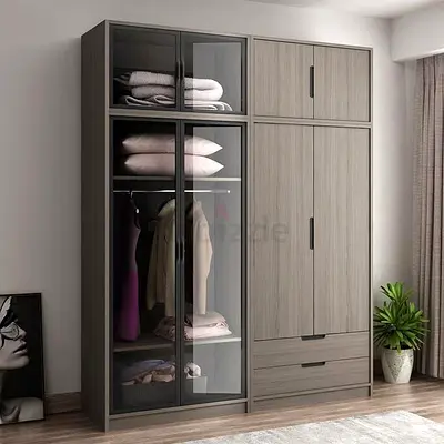 Modern Slateview 4-Door Wardrobe with Glass Display