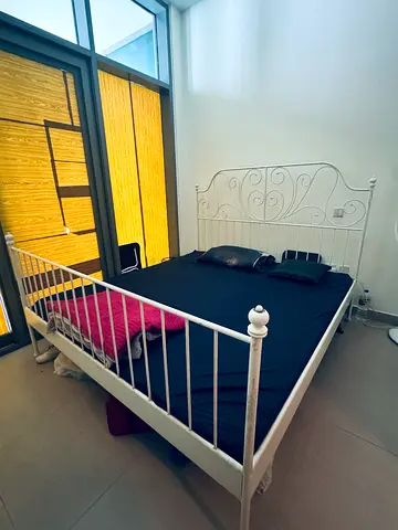 White Metal Double Bed Frame with Decorative Headboard - Good Condition