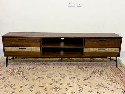 Solid Wood Low TV Console with Drawers - Rustic Mid-Century Style