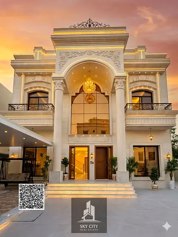 Luxury villas in Al Muwaihat for sale near the academy. Villas under construction are available, classic design, two floors and a roof, 5000 sq ft, on