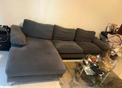 L-shaped Grey Fabric Sofa with Chaise - Good Condition