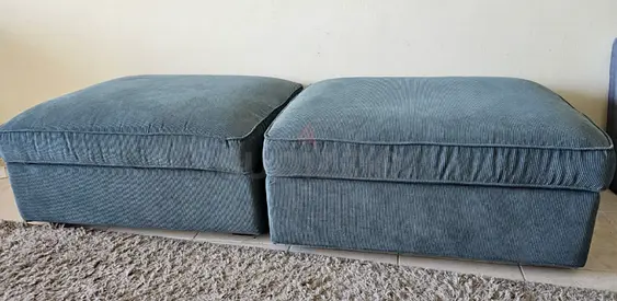 Pair of blue fabric ottomans / footstools (good condition)