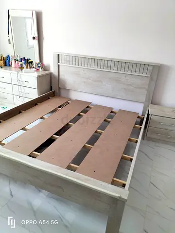 Queen wooden bed frame with matching bedside table and dresser - light oak