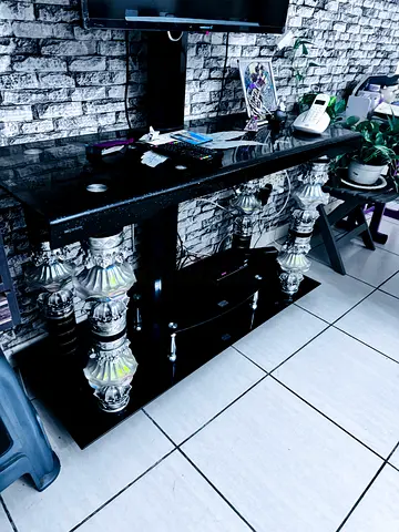 Black Gloss TV Console Table with Decorative Silver Legs