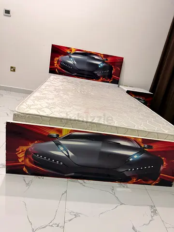Single bed frame with mattress and car-themed headboard, for teenagers. Solid plywood and strong ,